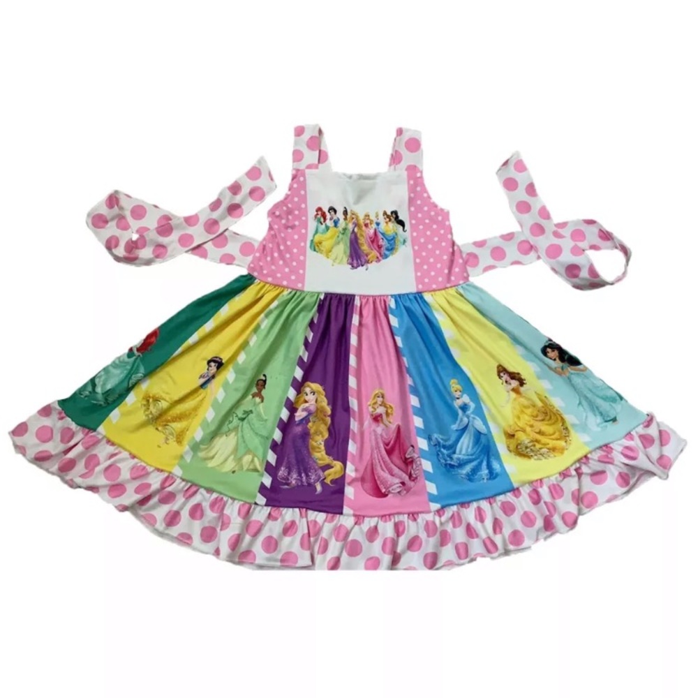 Pink Multi-Color Girls' Princess Panel Dress with Polka Dot Trim